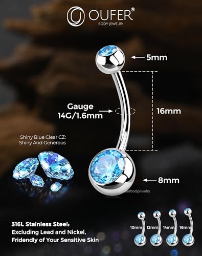 OUFER Belly Button Rings Surgical Steel, Internally Threaded Belly Rings | 14G Belly Piercing Jewelry, 10/12/14/16mm Beachy Belly Button Rings, Silver/Gold Navel Piercing Jewelry For Women Men - color: Blue, size: 14G 16MM