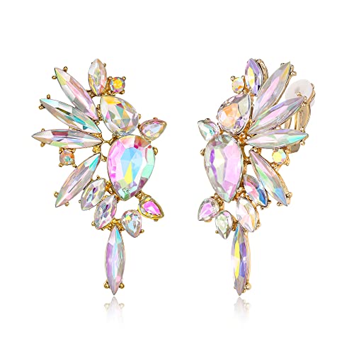 EVER FAITH Vintage Rhinestone Statement Earrings, Fashion Bling Colorful Marquise Drop Crystal Cluster Dangle Clip-on Earrings for Women - color: Iridescent Gold-Tone