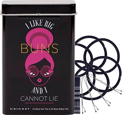 Cricket Hair Accessory Set, I Like Big Buns and I Cannot Lie, 55 PC - Includes 25 Non Metal Hair Ties and 30 Bobby Pins in Reusable Metal Tin, Black | 25 No-Metal Hair Ties, 30 Bobby Pins, Reusable Metal Tin, Travel and Everyday Use, 55 PCS Total - color: