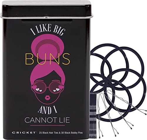 Cricket Hair Accessory Set, I Like Big Buns and I Cannot Lie, 55 PC - Includes 25 Non Metal Hair Ties and 30 Bobby Pins in Reusable Metal Tin, Black | 25 No-Metal Hair Ties, 30 Bobby Pins, Reusable Metal Tin, Travel and Everyday Use, 55 PCS Total - color: