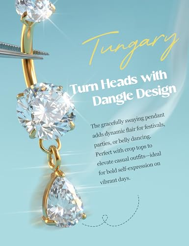 Tungary G23 Titanium Belly Button Rings for Women 14G Internally Threaded | Hypoallergenic Long Navel Piercing Jewelry, 3/8" Implant Grade Dangle Belly Button Piercing, 5A CZ, with Vacuum PVD Finish - color: Drop: 14K Gold Plated