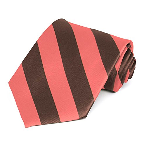 tiemart Men's Striped Tie Standard Length - color: Bright Coral and Brown