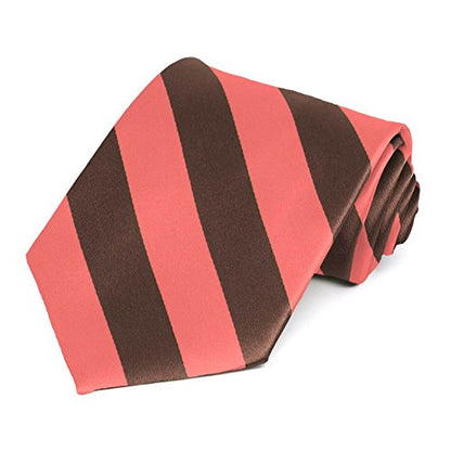 tiemart Men's Striped Tie Standard Length - color: Bright Coral and Brown