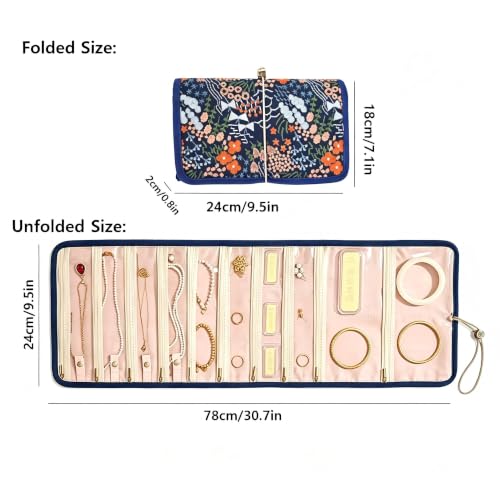 Embroidery Jewelry Roll Organizer Travel Jewelry Storage Roll Case Foldable Small Jewelry Pouch Jewelry Roll up Bag for Journey Rings, Necklaces, Earrings, Bracelets (Navy Blue) - color: Navy Blue