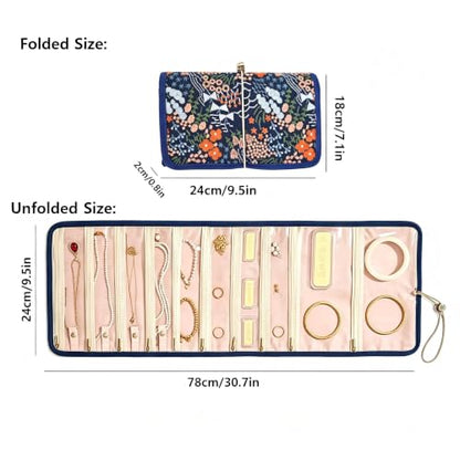 Embroidery Jewelry Roll Organizer Travel Jewelry Storage Roll Case Foldable Small Jewelry Pouch Jewelry Roll up Bag for Journey Rings, Necklaces, Earrings, Bracelets (Navy Blue) - color: Navy Blue