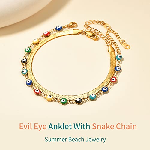 Supcare Evil Eye Anklets for Women,Cuban/Figaro/Mariner/Snake Chain Layered Ankle Bracelet Gifts (with Gift Packing) - color: 04-layered snake gold