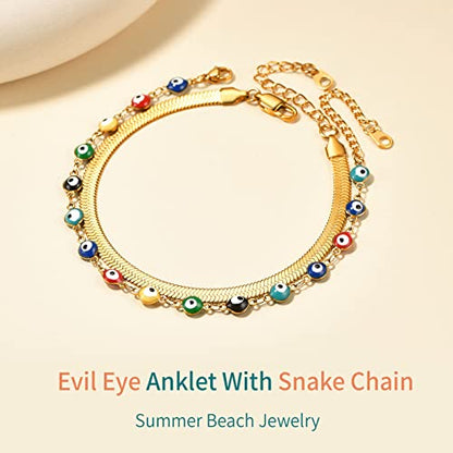 Supcare Evil Eye Anklets for Women,Cuban/Figaro/Mariner/Snake Chain Layered Ankle Bracelet Gifts (with Gift Packing) - color: 04-layered snake gold