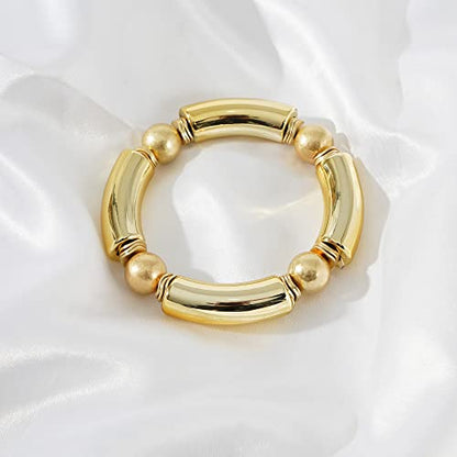 LALAPPLE Gold Plated Beaded Acrylic Bamboo Tube Bangle Bracelets for Women, Colorful Chunky Curved Tube With Gold Plated Pieces Beads Stretch Bracelet Friendship Summer Beach Jewelry - color: N-gold
