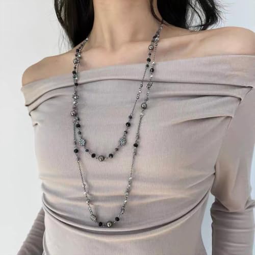 Long Pearl Necklaces for Women Pearl Long Chain Necklace Gold Chain Dainty Delicate Station Necklace Jewelry for Dress Party - color: 2Layer Black