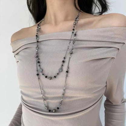 Long Pearl Necklaces for Women Pearl Long Chain Necklace Gold Chain Dainty Delicate Station Necklace Jewelry for Dress Party - color: 2Layer Black