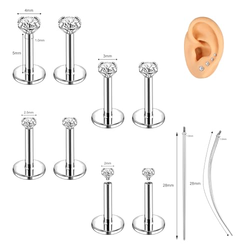 18G/16G Labret Jewelry Surgical Steel Internal Thread | CZ Stud, Lip Nose Piercing Studs, Flat Back, Medusa Monroe Lip Cartilage Earring, 2/2.5/3/4mm CZ - color: 18G,5mm-bar,2/2.5/3/4mm-CZ,Silver
