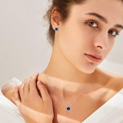 Cubic Zirconia Necklace and Earrings Set for Women 14K White Gold Plated Bridesmaid Silver Jewelry Set for Women Pendant Necklace Hypoallergenic Stud Earrings Set Jewellery Gift for Mom Wife Bride Bridesmaid - color: Sapphire Blue-Square Shape