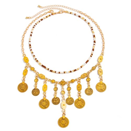Layered Coin Pendant Necklace for Women, Gold Beaded Boho Statement Necklace, Vintage Disc Charm Collar Necklace, Festival Vacation Jewelry