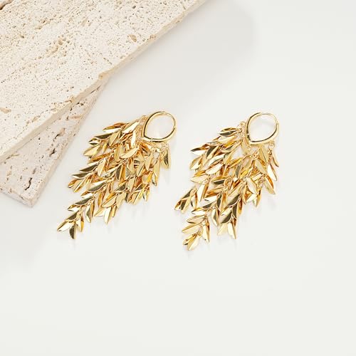 Sylph 14K 18K Gold Plated Chandelier Earrings for Women, Long Tassel Earring Huggie, Silver Leaf Dangle Drop Earrings, Dainty Bohemian Jewelry Gifts for Wedding Everyday Wear - color: A-18K Gold Plated Chandelier Earrings