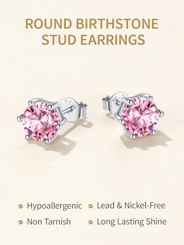 FindChic 2 Carat Birthstone Stud Earrings for Women, Round/Heart/Princess Cut Stud Earrings, Hypoallergenic Studs with 925 Sterling Silver Posts, 12 Months Birthday Jewelry Gift - color: 01. January-Garnet(Round Cut )