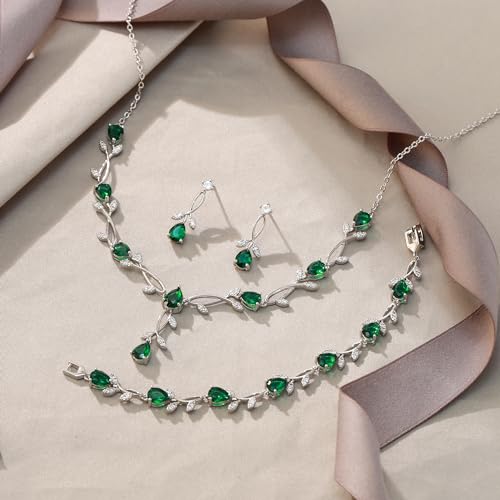EVER FAITH Cubic Zirconia Pearl Leaf Bridal Jewelry Set for Bride Women | White Wedding Prom Necklace Dangle Earrings Bracelet, for Bridesmaid - color: CZ_Green Silver-Plated-Brass