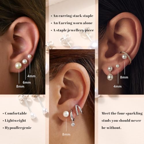 JEMARA Sterling Silver Stud Earrings for Women Pearl Earrings Non Tarnish | Hypoallergenic 925 Sterling Silver Pearl Cubic Zirconia Studs Set Trendy Earrings for Sensitive Ears 6 Pairs - color: 6Pairs Pearl-Silver