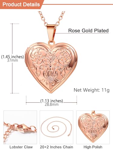 U7 Women Locket Necklace, Heart Photo Lockets Hold Picture, Gift Box Packed | Gold/Silver/Rose Locket Charm, Custom Picture and Engravement Heart Pendant, 20" Chain, Personalized Gift for Mom Wife Friend - color: 02# Rose Gold*Flower Grain