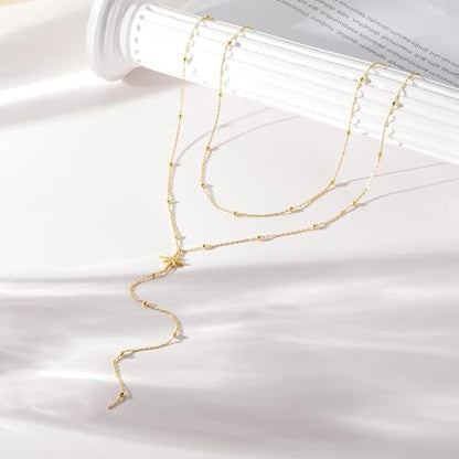 Lariat Gold Necklace for Women, Dainty Long Necklace 14k Gold Plated/Silver Y-Shaped Pendant Necklace Trendy Layered Cz Beaded Chain Drop Necklaces Simple Gold Jewelry for Women Gift - style: LC-2NK-24523-GDW