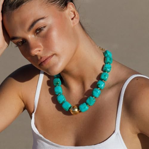 Chunky Beaded Necklace for Women Boho Statement Bead Necklace Adjustable Choker with Polished Disc/Square Beads Trendy Summer Beach Jewelry Gifts - color: Turquoise