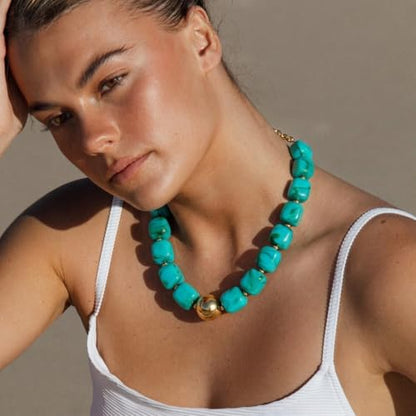 Chunky Beaded Necklace for Women Boho Statement Bead Necklace Adjustable Choker with Polished Disc/Square Beads Trendy Summer Beach Jewelry Gifts - color: Turquoise