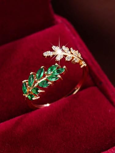 Adjustable Open Leaf & Vine Ring with Gemstone & Diamond | Cuff Deco Ring for Women Men | Adjustable Cuff Vine Leaf Deco Rings - color: Gold Green