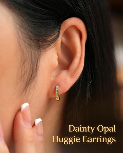 Dainty Opal Huggie Earrings, 14K Gold Plated Cartilage Earrings Jewelry Gift for Women Teen Girls with Quote Card and Velvet Gift Pouch - style: Huggie Earring - White Opal