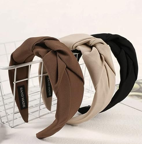 Knotted Headbands for Women - Non-Slip Wide Top Knot Hair Hoops, Fashion Hairbands in Black, Beige, Brown - 3PCS Hair Accessories Set