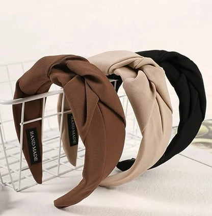 Knotted Headbands for Women - Non-Slip Wide Top Knot Hair Hoops, Fashion Hairbands in Black, Beige, Brown - 3PCS Hair Accessories Set