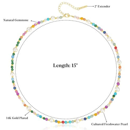 KissYan Beaded Choker Necklace for Women, Colorful Natural Gemstones Pearl Choker 14K Gold Plated Pendant Healing Crystal Necklace Handmade Stone Jewelry Gift | 14K Gold Plated Pendant Necklaces, Natural Gemstones Pearl Choker, Healing Crystal Chain, Hand