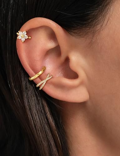 Carffordo 3Pcs Ear Cuffs Non Piercing for Women, Dainty Clip on Earrings | Trendy 14K Gold Plated Ear Cuff with Cubic Zirconia, Fake Piercing Cartilage Earrings, Lightweight Jewelry for Daily Wear - color: 3pcs-hoop-1