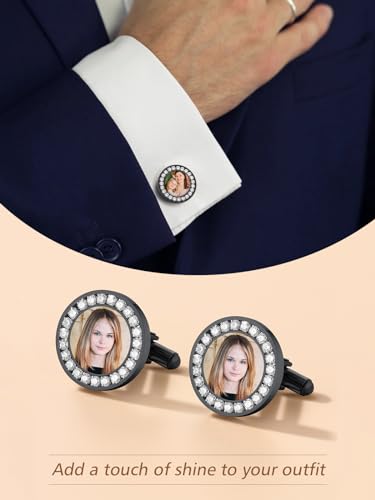 FindChic Stainless Steel Round Cufflinks with Custom Text/Picture/Monogram Letters 18K Gold Plated/Black Color for Men Groom Suits Shirts, with Gift Box - style: 02. CZ custom photo-round (black)