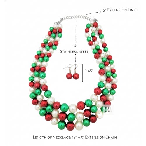 Fashion 21 Women's Faux Pearl Three Multi-Strand Statement Necklace and Earrings Set (Red + Green Mix)