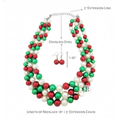 Fashion 21 Women's Faux Pearl Three Multi-Strand Statement Necklace and Earrings Set (Red + Green Mix)