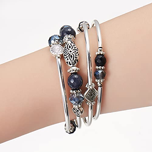 FULU AUTUMN Stackable Beaded Bracelets for Women Boho Wrap Silver Bracelet Layered Fashion Jewelry Gifts for Her - color: Blue