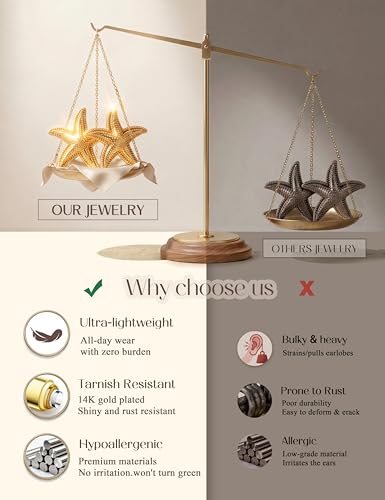 Chunky Gold Stud Earrings for Women Sterling Silver Earring Hypoallergenic | Non Tarnish 14K Gold Plated 925 Silver Posts for Sensitive Ears,Knot Statement Dangle Earrings Gold Jewelry Gifts Lightweight - color: gold plated-starfish