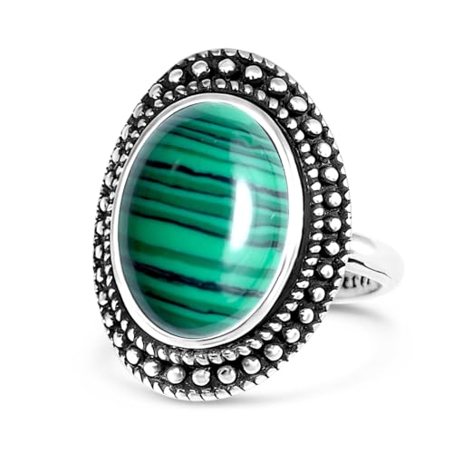 Retro Sterling Silver Stone Ring,Antique Natural Real Oval Crystal Quartz Gemstone Boho Bohemian Ring Jewelry for Women - color: A20_Malachite