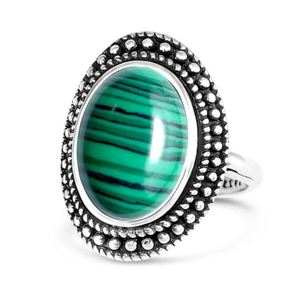 Retro Sterling Silver Stone Ring,Antique Natural Real Oval Crystal Quartz Gemstone Boho Bohemian Ring Jewelry for Women - color: A20_Malachite