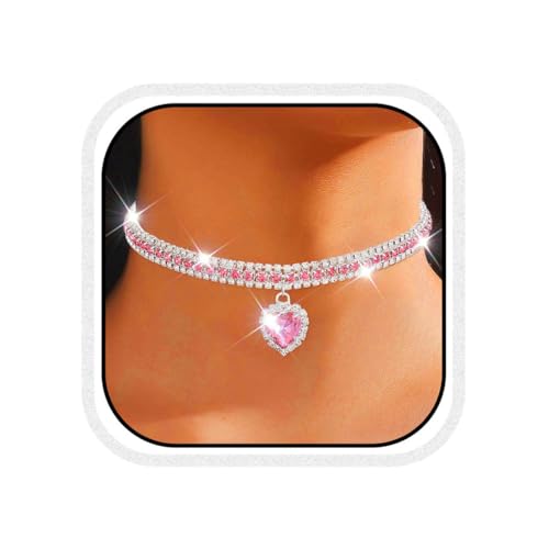 CLOACE Rhinestone Choker Necklace Heart Pendant Diamond Row Necklaces Sparkly Crystal Prom Chain Jewerly Accessories for Women - color: Pink