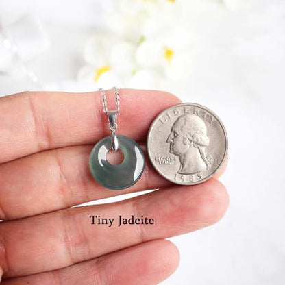 Real Green Jade Pendant Necklace for Women Donut/Heart/Clover/Teardrop/Rose/Lotus Flowers Genuine Jadeite Jewelry with Gold Plated 925 Sterling Silver Chain - style: Small Round Silver Necklace