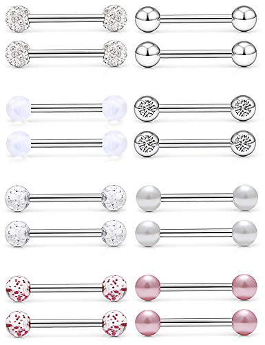 Prjndjw 14Pcs 14G Surgical Steel Tongue Rings Teaser Double Barbell with Slave Ring Body Piercing Jewelry for Women Men, Skull/Flower/Silicone Soft Spike Ball/Glitter Ball Closure