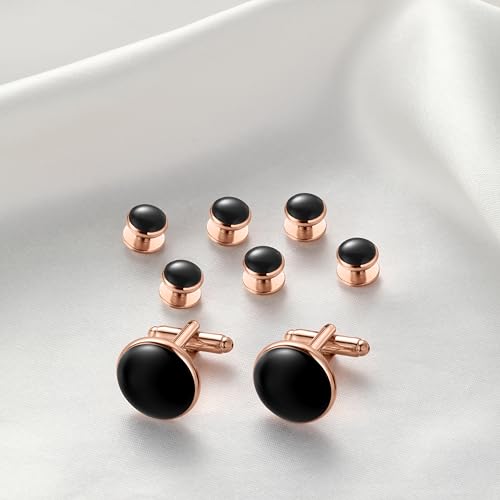 Men's Cufflinks & Tuxedo Studs Set - 316L Stainless Steel Formal Wedding Jewelry, Groomsmen Gift Set with Gift Box - color: 8pcs Black Rose Gold