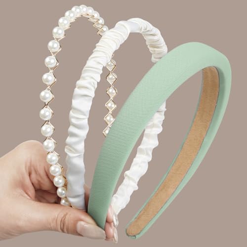 TEBIEKOY 3PCS Headbands for Women Non Slip Trendy Headbands for Women's Hair Cute Pearl Headband Green Padded Hairband Elastic Womens Head Bands Hair Accessories - color: green