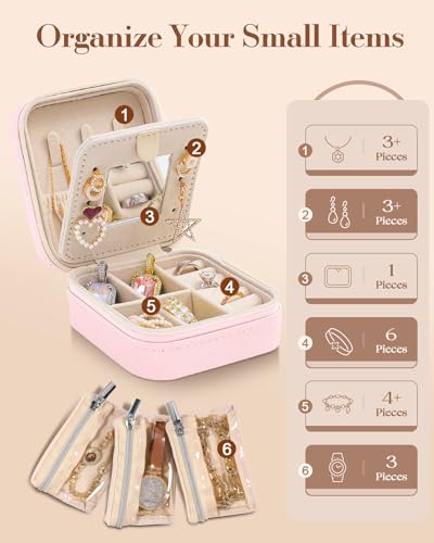 Bistup Travel Jewelry Case - Small Jewelry Organizers and Storage Box for Women Girls Teens Cute Traveling Jewelry Holder with Mirror Little Tiny Compact Modern Unique Aesthetic Pretty, Peach Blossom - style: Peach Blossom