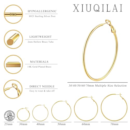14K Gold Plated 925 Sterling Silver Posts large Hoop Earrings for Women, Hypoallergenic Big Hoop Earrings Lightweight Jewelry for Women 30/40/50/60/70MM - color: Gold-70mm