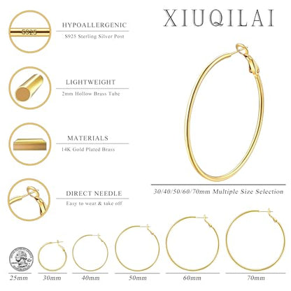 14K Gold Plated 925 Sterling Silver Posts large Hoop Earrings for Women, Hypoallergenic Big Hoop Earrings Lightweight Jewelry for Women 30/40/50/60/70MM - color: Gold-40mm