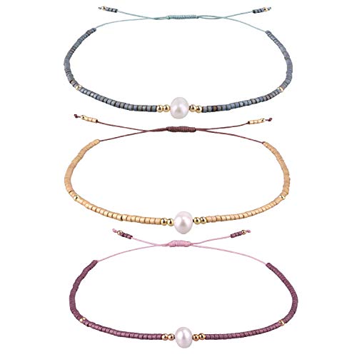 KELITCH 3 PCS Natural Pearls Bracelets Women Strand Thin Rope Friendship Bracelets Handmade Stack Charm Bracelets - color: Gold Grey 02B