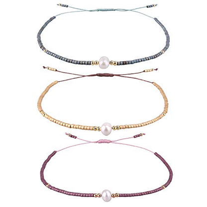 KELITCH 3 PCS Natural Pearls Bracelets Women Strand Thin Rope Friendship Bracelets Handmade Stack Charm Bracelets - color: Gold Grey 02B
