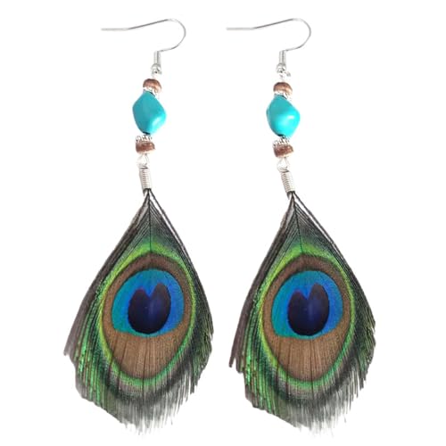 Peacock Feather Earrings for Women Native Handmade Lightweight Long Peacock Feather Boho Hook Earring Prom Party Festival Jewelry - color: Turquoise
