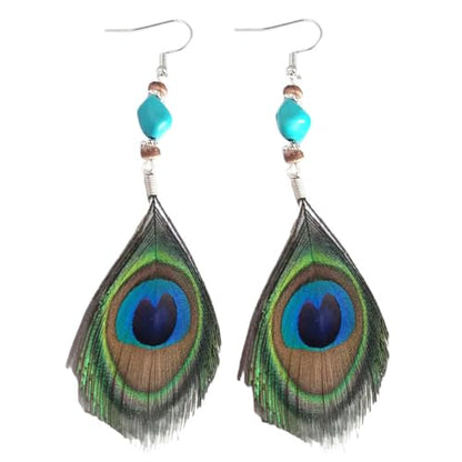 Peacock Feather Earrings for Women Native Handmade Lightweight Long Peacock Feather Boho Hook Earring Prom Party Festival Jewelry - color: Turquoise